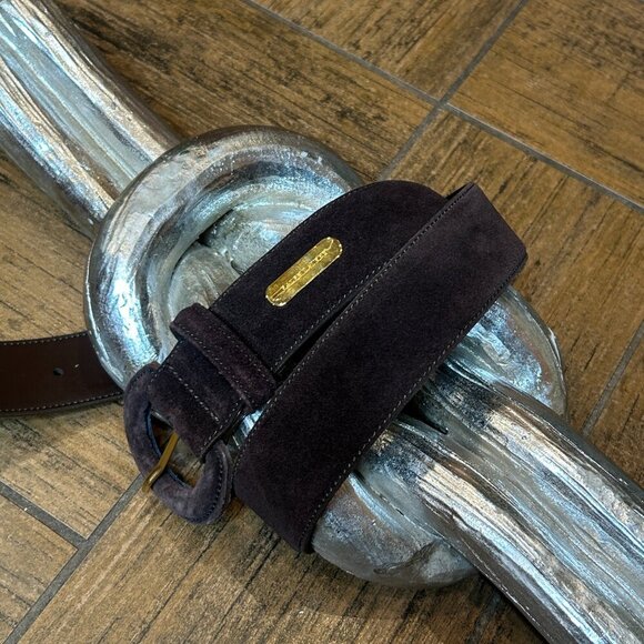 Ralph Lauren Made in Italy Brown Suede Leather Gold Metal Detail Belt Size Large - Picture 5 of 8